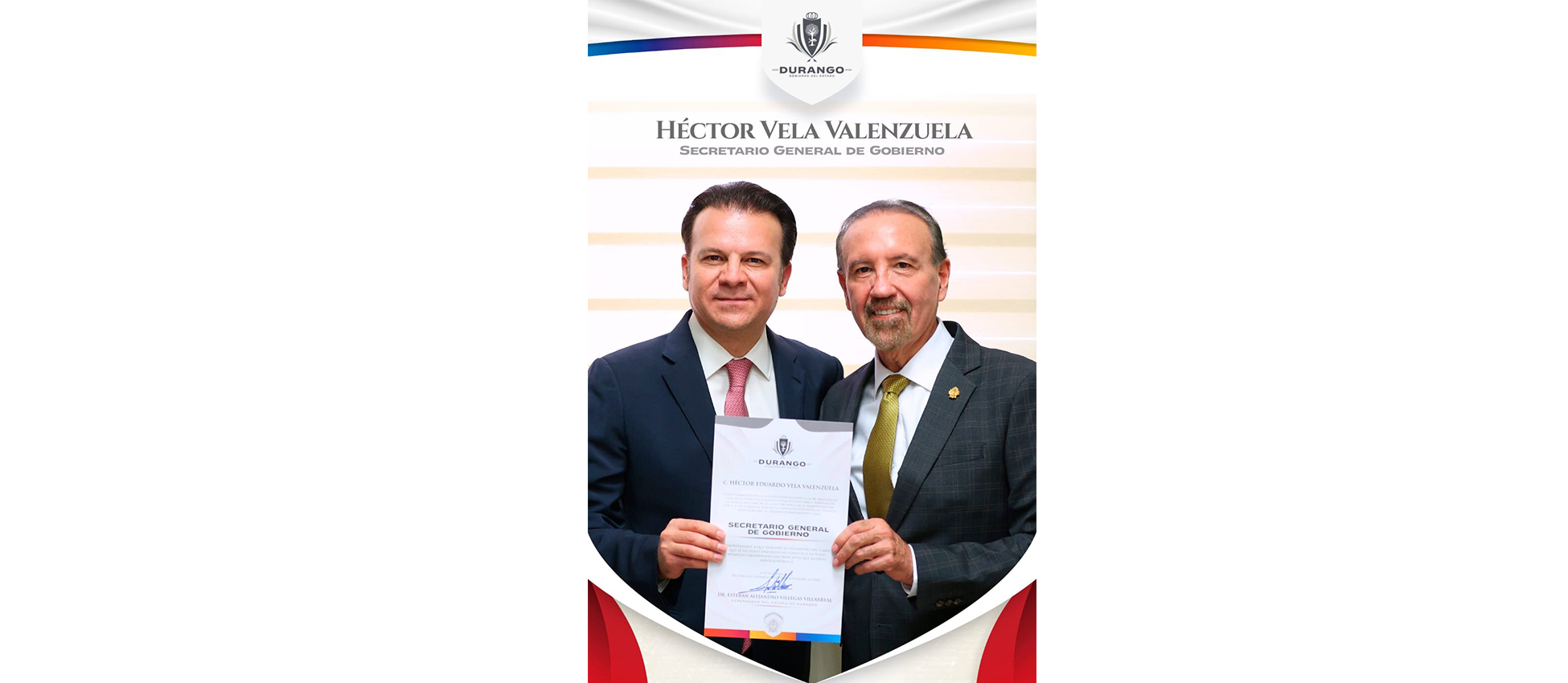 El gobernador Esteban Villegas Villarreal, entregó su nombramiento de manera oficial, a Héctor Vela Valenzuela, como secretario general de Gobierno.